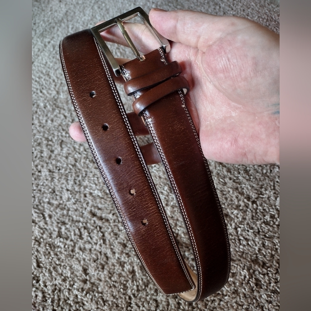 Robert Talbott Brown Genuine Leather Belt With Brass Buckle Size 38 - Picture 6 of 9